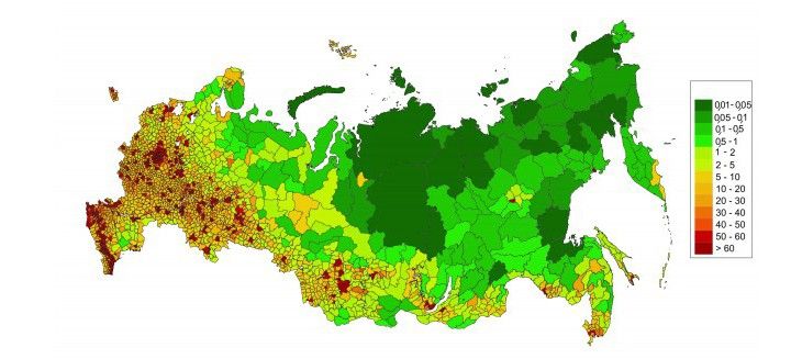 карта росії за чисельністю населення