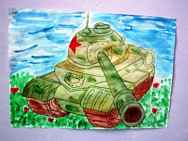 танк, намальований акварельними фарбами