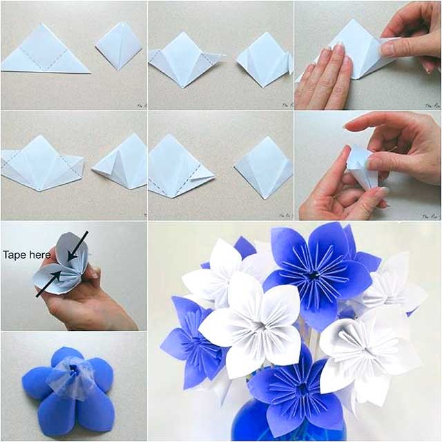 білі і блакитні квіти з паперу